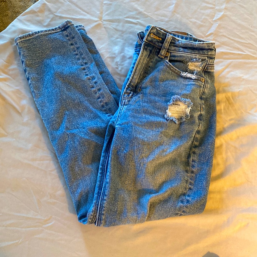 American Eagle soft, tapered leg (not skinny), light wash, jeans.